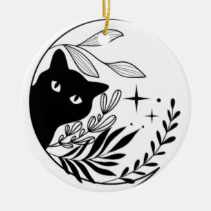 Ornamento De Cerâmica Adesivo de janela gato preto e branco lua