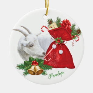 Ornamento De Cerâmica ADICIONAR NOME Saanen Goat with Holiday Spirit