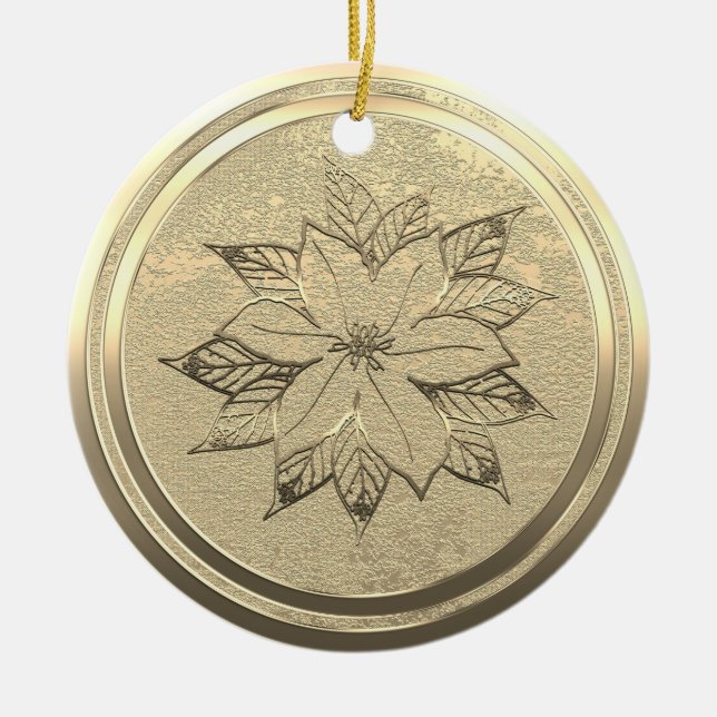Ornamento De Cerâmica Adicionar Texto Dourado Poinsettia Dezembro Orname (Frente)