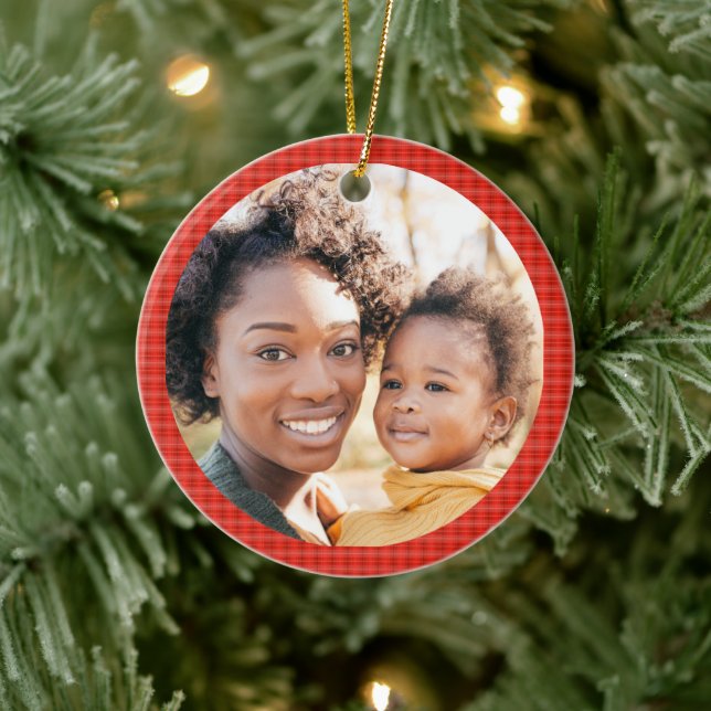 Ornamento De Cerâmica Adicionar Xadrez Vermelha Clássica Moderna de Foto (Árvore)