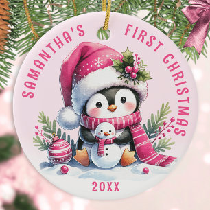 Ornamento De Cerâmica Adicione Nome Cute Penguin Girly Pink Primeiro Nat