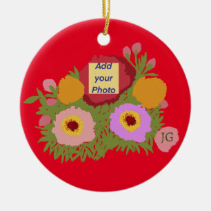 Ornamento De Cerâmica Adicione seu padrão floral de foto com vermelho in