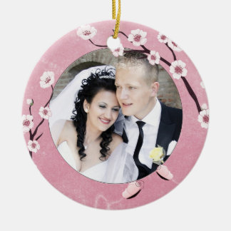 Ornamento De Cerâmica Adicione sua foto Sakura e borboletas você Wedd