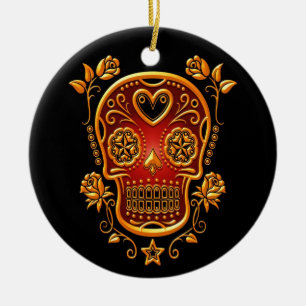 Ornamento De Cerâmica Adoce o crânio com rosas, amarelo e vermelho