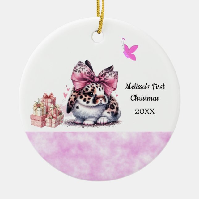 Ornamento De Cerâmica Adorable Bunny Baby's First Christmas (Frente)