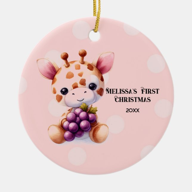 Ornamento De Cerâmica Adorable Giraffe Baby First Christmas (Frente)