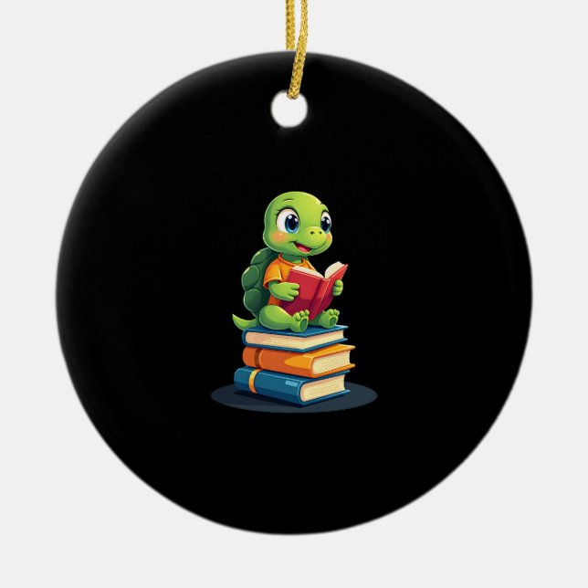 Ornamento De Cerâmica Adorable Turtle Reading Books (1) (Frente)