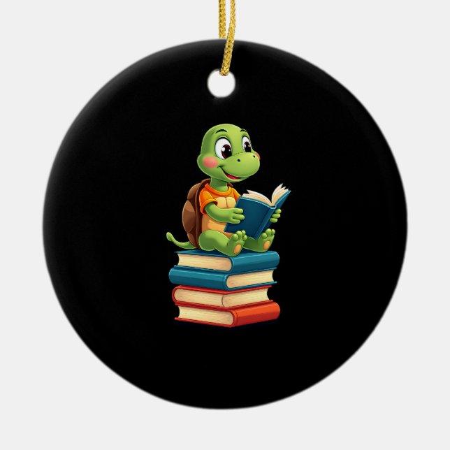 Ornamento De Cerâmica Adorable Turtle Reading Books (4) (Frente)