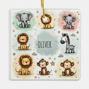 Ornamento De Cerâmica Adoráveis Doodles de Animais da Savana em Aquarela