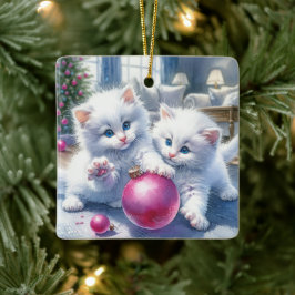 Ornamento De Cerâmica Adoráveis Gatinhos Brancos Rosa Natal Personalizad