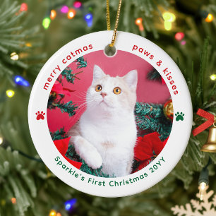 Ornamento De Cerâmica Adorável 2 Foto de Gatos no Primeiro Natal