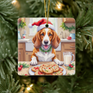 Ornamento De Cerâmica Adorável Basset Hound Roubando Biscoitos de Natal