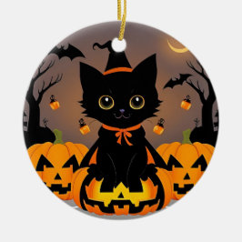 Ornamento De Cerâmica Adorável Black Kitten no Witch Hat