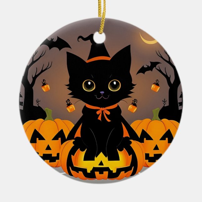 Ornamento De Cerâmica Adorável Black Kitten no Witch Hat (Frente)