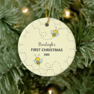 Ornamento De Cerâmica Adorável Bumble Bee Primeiro Natal Personalizado