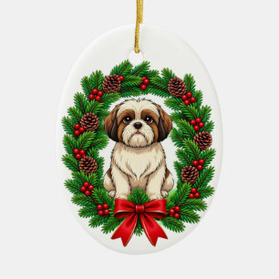Ornamento De Cerâmica Adorável Coroa de Natal de Shih Tzu
