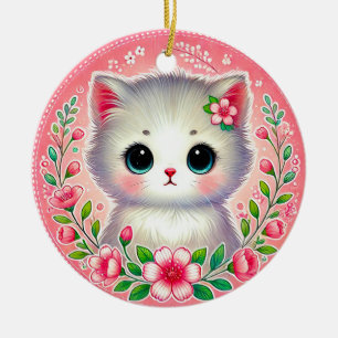 Ornamento De Cerâmica Adorável gatinho branco rodeado por flores cor-de-