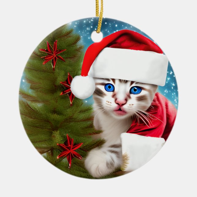 Ornamento De Cerâmica Adorável Kitten de Natal (Frente)