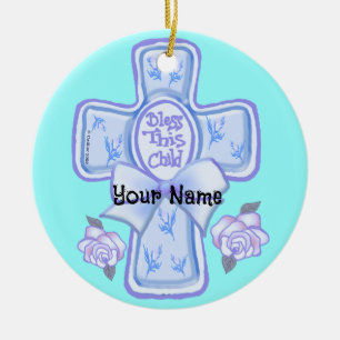 Ornamento De Cerâmica Adorno de Cruz Cristã Blue Bless This Child