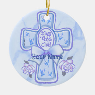 Ornamento De Cerâmica Adorno de Cruz Cristã Blue Bless This Child