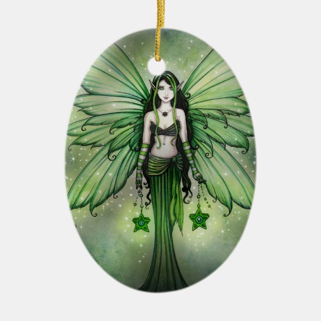 Ornamento De Cerâmica Adorno de Fada de Natal Estrela Esmeralda (Frente)