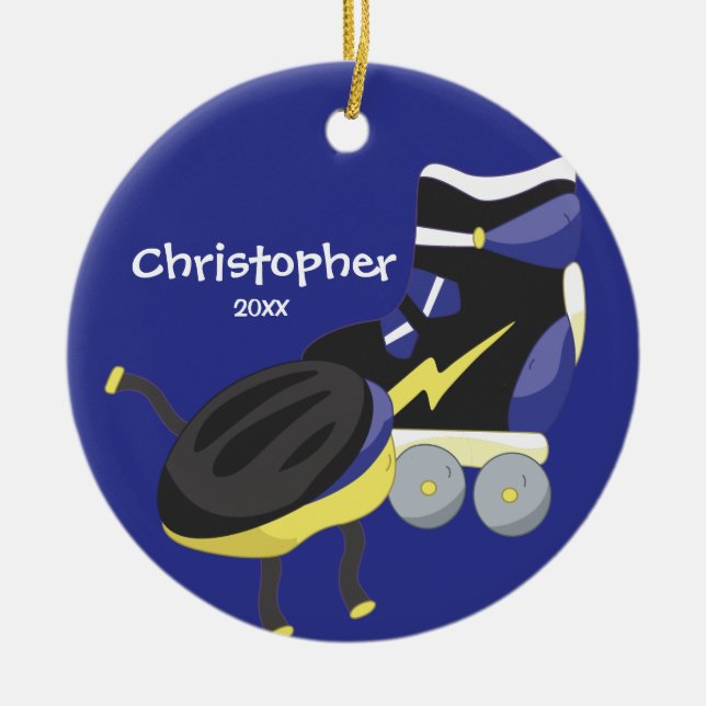 Ornamento De Cerâmica Adorno de Natal de Esporte de Patins Azul (Frente)