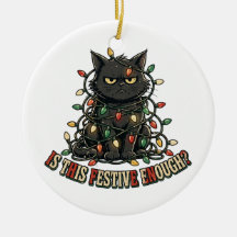Adorno de Natal de Gato Preto Engraçado Festivo