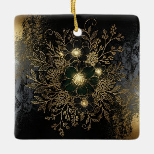 Ornamento De Cerâmica Adorno Floral Preto e Dourado com Metalização Luxu