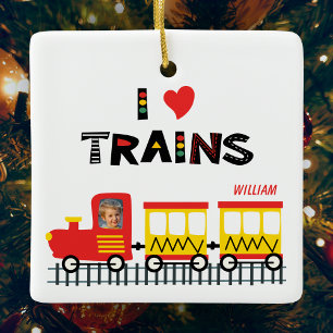 Ornamento De Cerâmica Adoro Trains Crianças Foto e Nome Natal