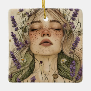 Ornamento De Cerâmica Aesthetic Cottagecore Girl with Wildflowers Art
