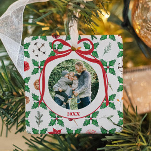 Ornamento De Cerâmica Afolhado de Natal Holly Personalizado Foto de Nata