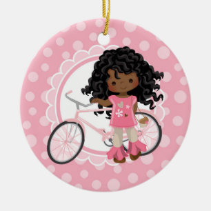 Ornamento De Cerâmica African American Bicycle Girl - Branco rosa