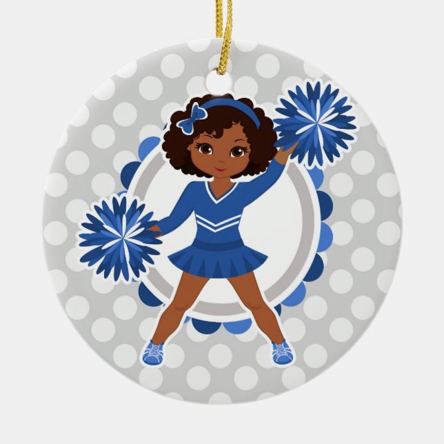 Ornamento De Cerâmica Afro-Americano Cheerleader Azul - Alegre (Frente)