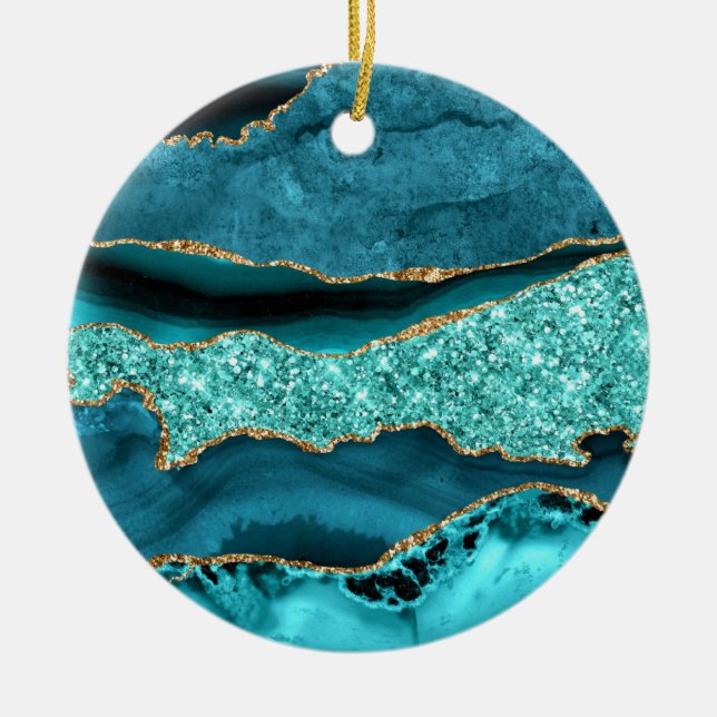 Ornamento De Cerâmica Agate Teal Blue Glitter Marble Aqua Turquoise (Frente)