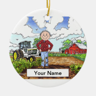 Ornamento De Cerâmica Agricultor - Homem, Trator Branco