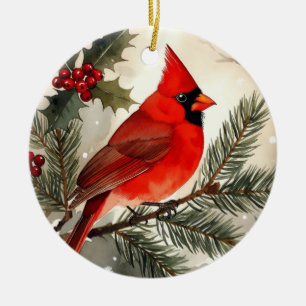 Ornamento De Cerâmica Água-forte Cardinal em Galho de Pinheiro Natal Red