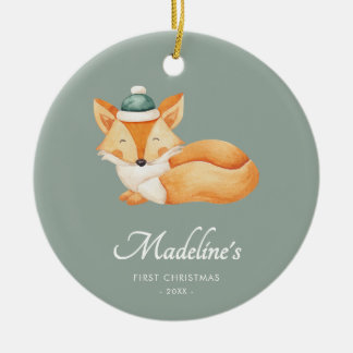 Ornamento De Cerâmica Água Fox Bebê Primeiro Natal Verde