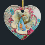 Ornamento De Cerâmica Água-marinha do azul do MONOGRAMA do CHÁ 2 do BEBÉ<br><div class="desc">Design floral elegante, colorido, vibrante do estilo do vintage com um bebê e cegonha do vôo entre o rosa romântico bonito, as rosas vermelhas, as flores azuis do primavera da cerceta e uma pedra preciosa 3D brilhante por Bulgan Lumini (c).Easy a personalizar com seu próprio texto e inizials para chás...</div>