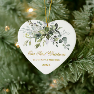 Ornamento De Cerâmica Água Verde Nosso Primeiro Coração de Natal Dour