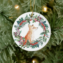 Ornamento De Cerâmica Aguarela de Raposa Florestal de Natal