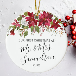 Ornamento De Cerâmica Aguarela vermelha casada primeiro Natal da