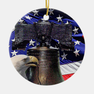 Ornamento De Cerâmica Águia Bald Americana, Bell e Flag