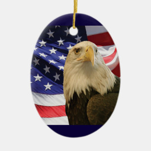 Ornamento De Cerâmica Águia Bald Americana e Bandeira