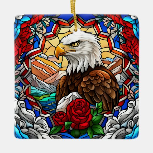 Ornamento De Cerâmica Águia Balda Americana Patriótica "Vidro Espancado" (Frente)