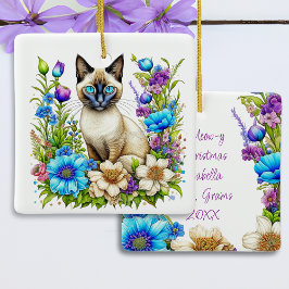 Ornamento De Cerâmica Ai Watercolor Gato Siamês em Flores Personalizado