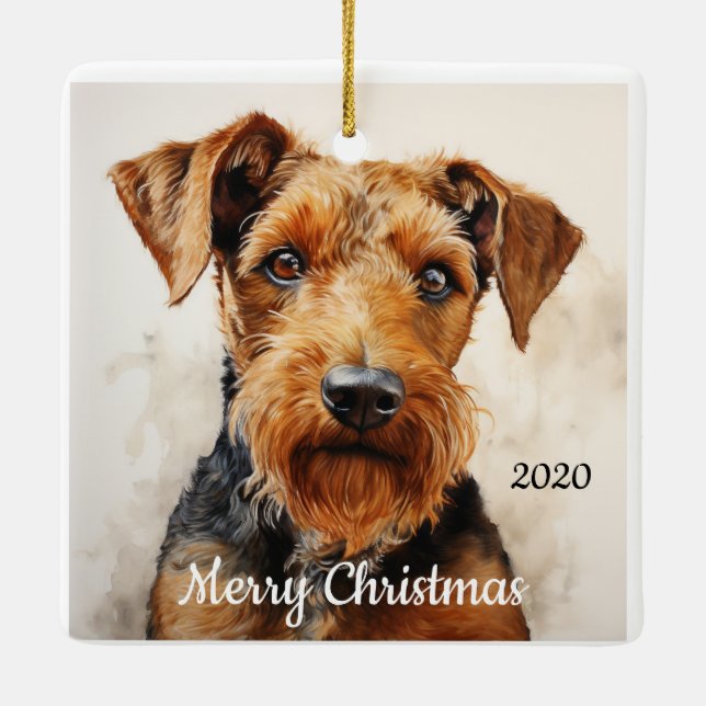 Ornamento De Cerâmica Airedale Terrier, com data de natal personalizada (Verso)