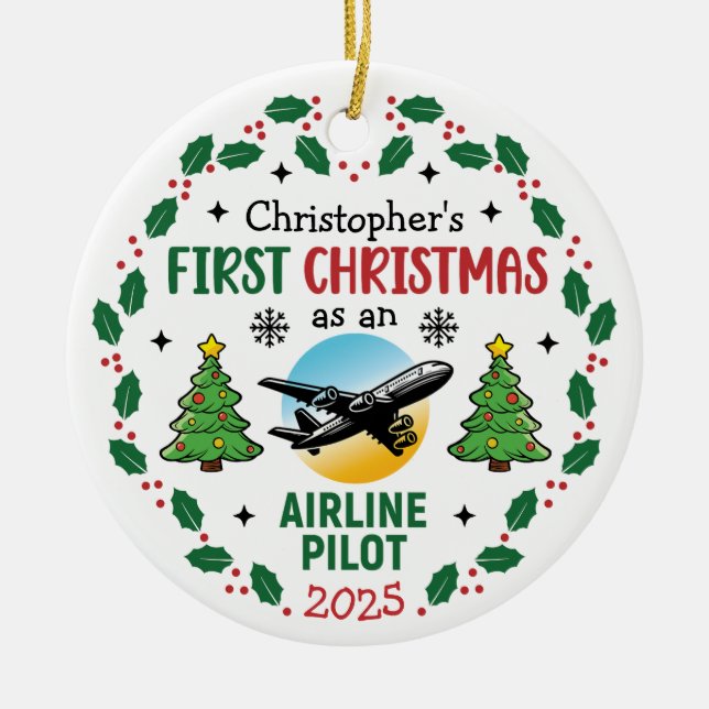 Ornamento De Cerâmica Airline Pilot First Christmas Personalized (Frente)
