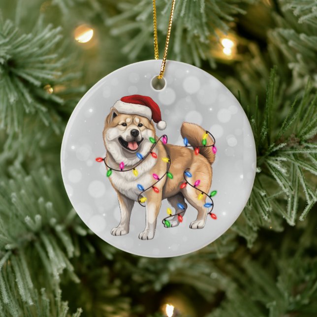 Ornamento De Cerâmica Akita Dog Embalado em Luzes de Natal (Árvore)