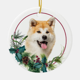 Ornamento De Cerâmica Akita Dog Evergreen Berry Wreath