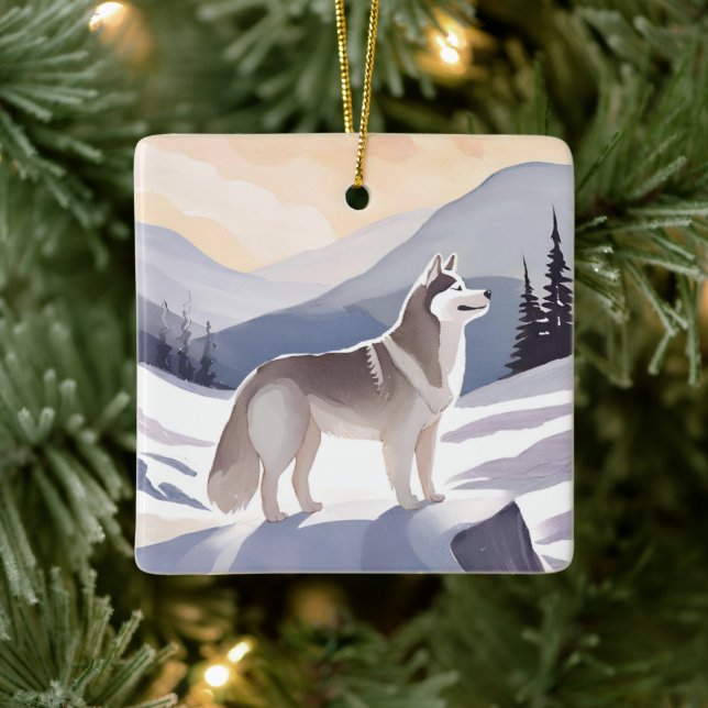 Ornamento De Cerâmica Alaskan Husky | Dog Mountain Watercolor (Árvore)